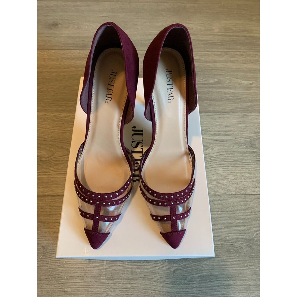 JustFab Burgundy Studded Strappy Stiletto Heels Pointed Toe Size 10 - Picture 2 of 7